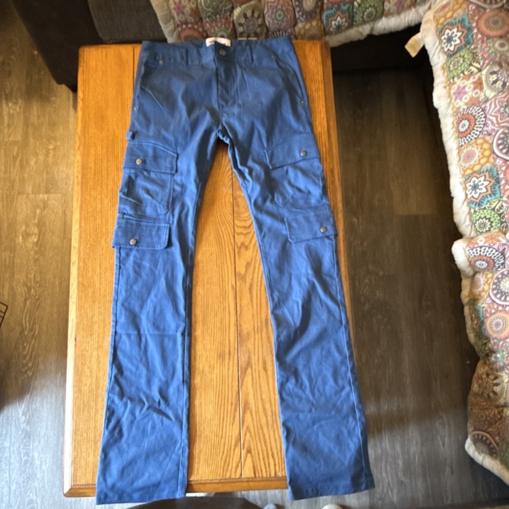 GENUINE AUTHENTIC Vintage Blue Stacked Fit Cotton Cargo Pants Button Men's M-32…